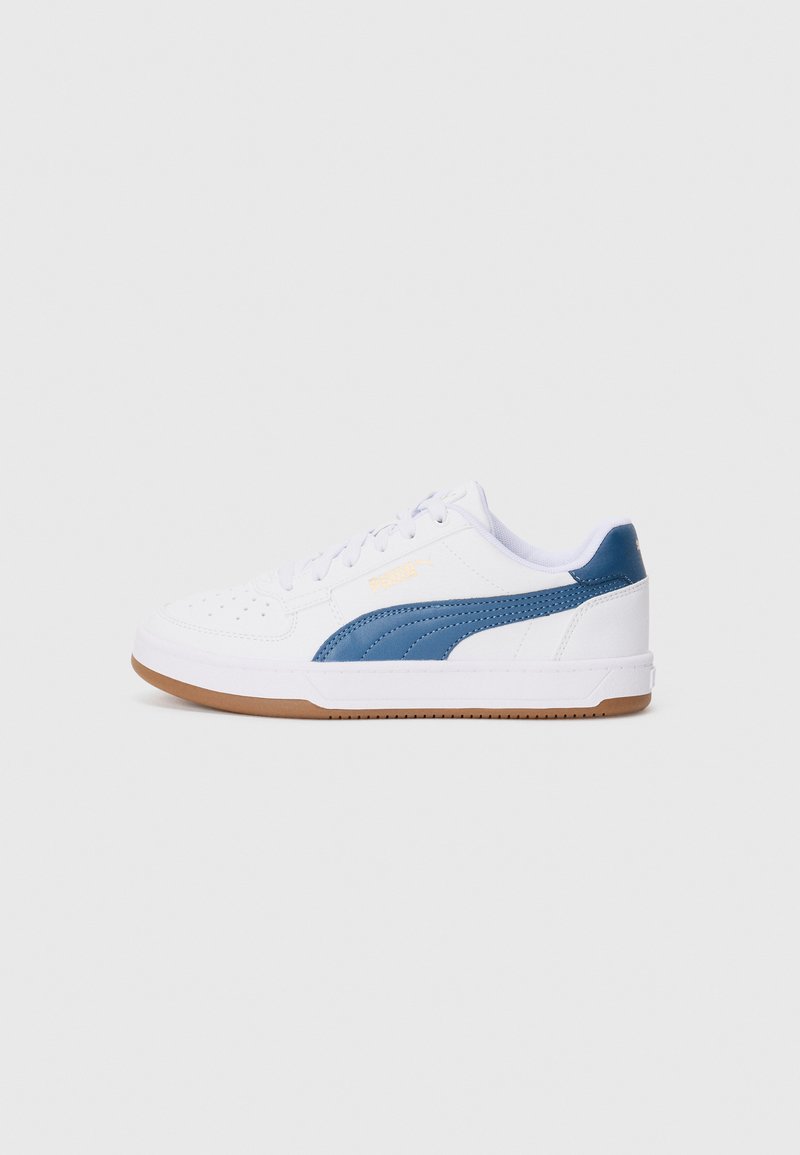 Baskets blanches avec des accents bleus, présentant des panneaux perforés, une semelle en caoutchouc et un design classique à lacets. Matériau synthétique léger.