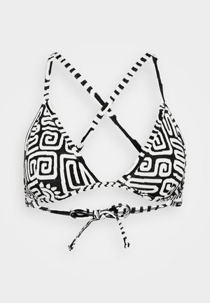 Haut de bikini noir et blanc avec un motif géométrique, des bonnets triangulaires, des bretelles croisées et un fermeture à nouer dans le dos.