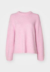 Light pink knitted sweater with a round neckline, dropped shoulders, and ribbed cuffs and hem. Soft texture with a relaxed fit.