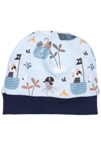 Bawełniana czapka beanie o jasnoniebieskim tle z zabawnymi ilustracjami kotów, ośmiornic i łodzi, zdobiona ciemnoniebieskim mankietem.