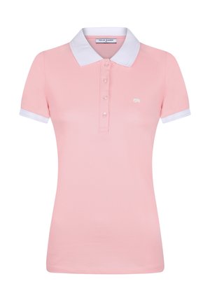 Lyserød kortærmet poloshirt med hvid krave og manchetter, fire knapper og lille hvid elefantlogo på brystet.