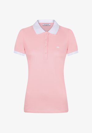 Jasnoróżowa koszulka polo z krótkim rękawem, białym kołnierzem i mankietami, cztery guziki i małe białe logo słonia na piersi.