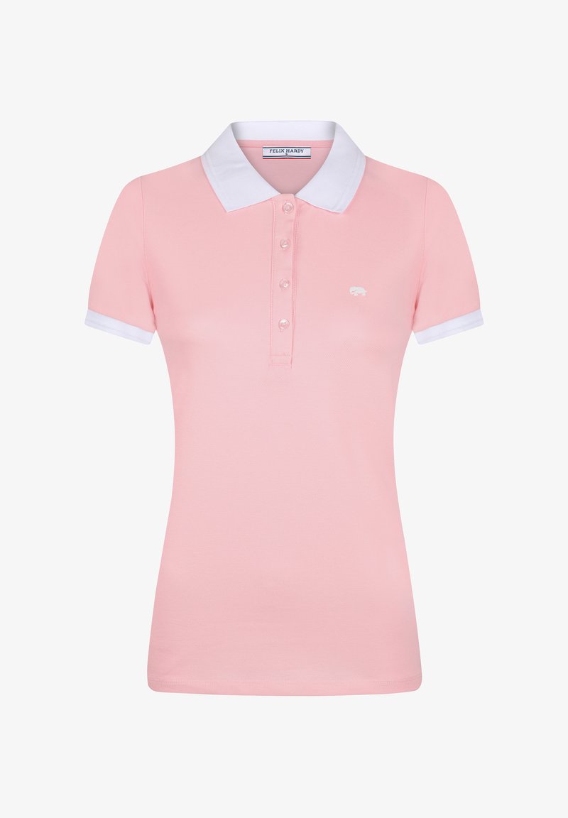 Polo rose clair à manches courtes avec col et poignets blancs, quatre boutons et petit logo éléphant blanc sur la poitrine.