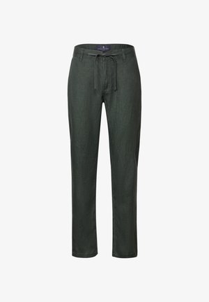 Pantalons en lin vert foncé avec une taille élastique à cordon, coupe droite et une finition légèrement texturée. Pas de matériel visible ni d'accents.