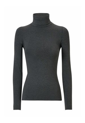 Maglione collo alto grigio scuro realizzato in tessuto elasticizzato. Presenta maniche lunghe e una vestibilità aderente, con una superficie liscia e finitura senza cuciture.