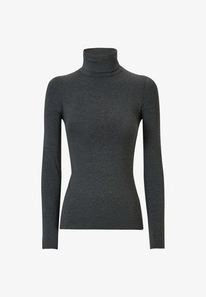 Maglione collo alto grigio scuro realizzato in tessuto elasticizzato. Presenta maniche lunghe e una vestibilità aderente, con una superficie liscia e finitura senza cuciture.