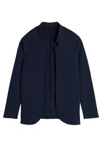 Námořnická modrá, elastická látková bunda s hladkým povrchem, otevřeným předním dílem a zaobleným zakončením. Dlouhé rukávy s minimalistickým designem.