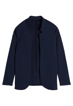 Giacca in tessuto stretch blu navy con una superficie liscia, apertura frontale e orlo arrotondato. Maniche lunghe con design minimalista.