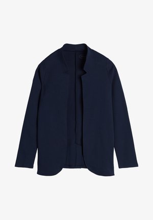 Granatowa, elastyczna kurtka z gładkiej tkaniny, z otwartym przodem i zaokrąglonym dołem. Długie rękawy o minimalistycznym wzorze.