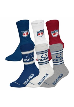 Drei Paar Indianapolis Colts Teamsocken in Blau, Weiß und Grau mit NFL-Logo, Hufeisen-Emblem und dem Schriftzug „Indianapolis“.