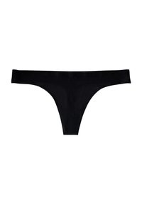 String noir en tissu lisse et extensible, offrant une couverture minimale et une taille fine. Sans motifs ni embellissements.