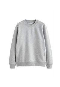 Grijze sweatshirt met een ronde halslijn, ribgebreide manchetten en zoom. Gemaakt van zachte stof met een gladde textuur, met een eenvoudig ontwerp.