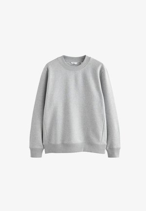 Grå sweatshirt med en rund halsudskæring, ribbede manchetter og kant. Lavet af blødt stof med en glat tekstur, der har et enkelt design.