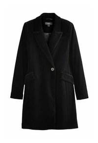Schwarzer Samtmantel mit Reverskragen, Einzelknopfverschluss und zwei vorderen Taschen. Lange Ärmel und lockere Passform. Glatte Textur.