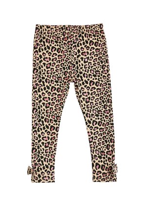 Læderprint leggings i beige med et sort og pink mønster, elastisk talje og knyttede detaljer ved kanten for ekstra finesse.