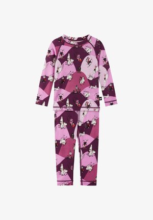 Long-sleeve pajama set in purple and pink printed cotton, featuring cartoon characters in various playful poses on a geometric background.