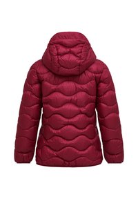 Red puffer jacket featuring a quilted design with wave patterns, a hood, and a shiny, smooth texture. Back view shown.