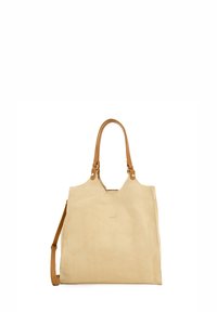 Sac fourre-tout en suédine beige avec des poignées en cuir tan et une bandoulière réglable. Design minimaliste, sans motifs ni accents.