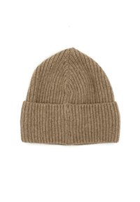 Braune gerippte Strickmütze mit umgeschlagenem Bund. Das strukturierte Material bietet Wärme und Dehnbarkeit. Neutrale Farbe, die für verschiedene Outfits geeignet ist.