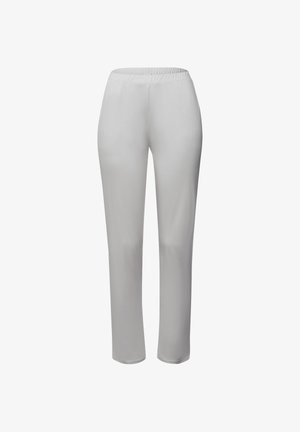 Lichtgrijze, rechte broek met een elastische tailleband, met een gladde textuur en zonder prominente patronen of accenten.