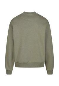 Oliven grøn sweatshirt, blødt materiale, rund hals, lange ærmer, ribbede manchetter og kant, glat tekstur, minimalistisk design.