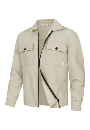 Light beige long-sleeve jacket with collar, black front zipper, and two chest pockets with button flaps, shown partially unzipped.