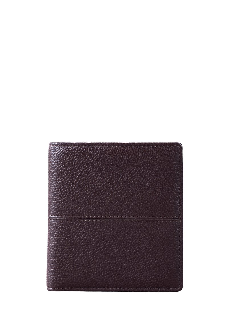 Brown leather wallet with a textured finish, featuring a smooth top edge and a horizontal seam across the center. Compact rectangular shape.