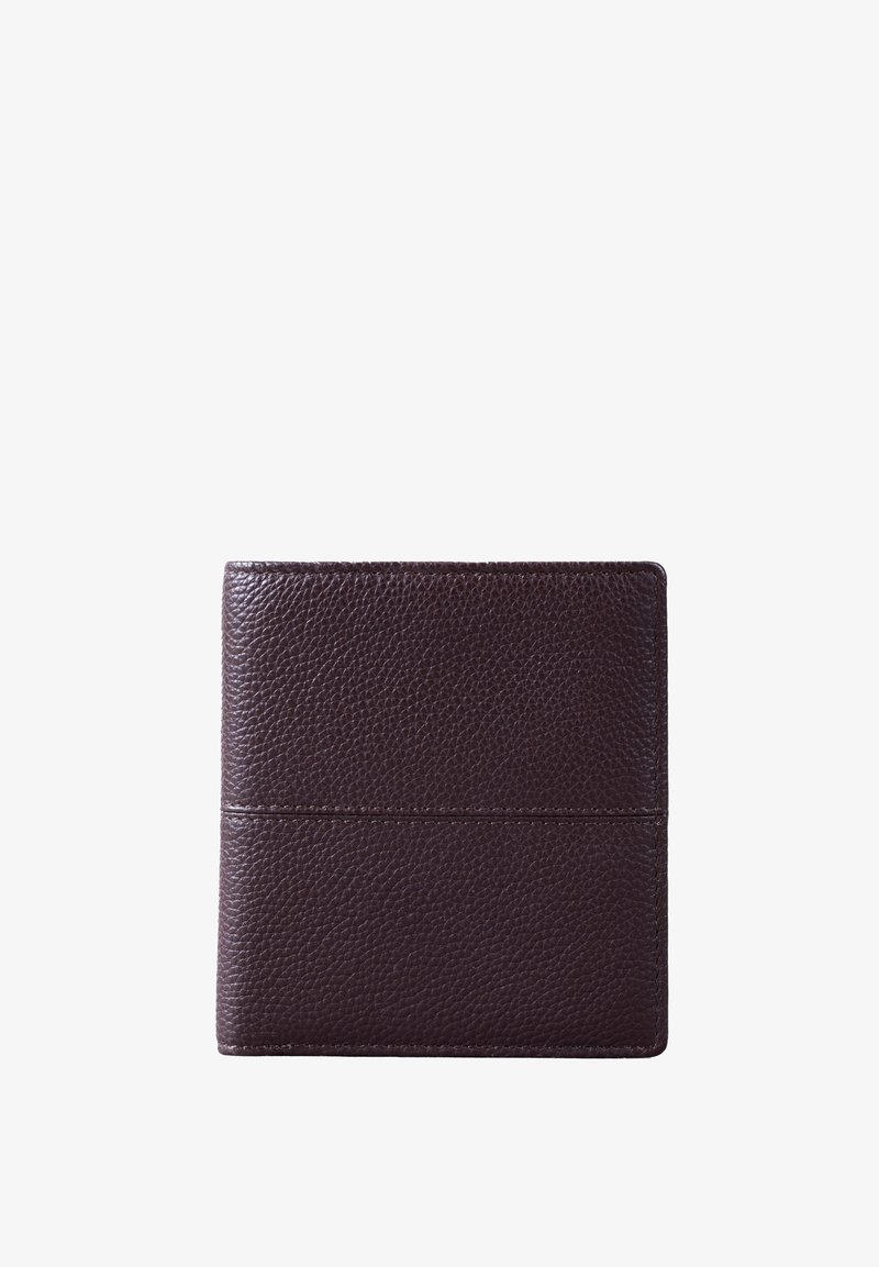 Brown leather wallet with a textured finish, featuring a smooth top edge and a horizontal seam across the center. Compact rectangular shape.