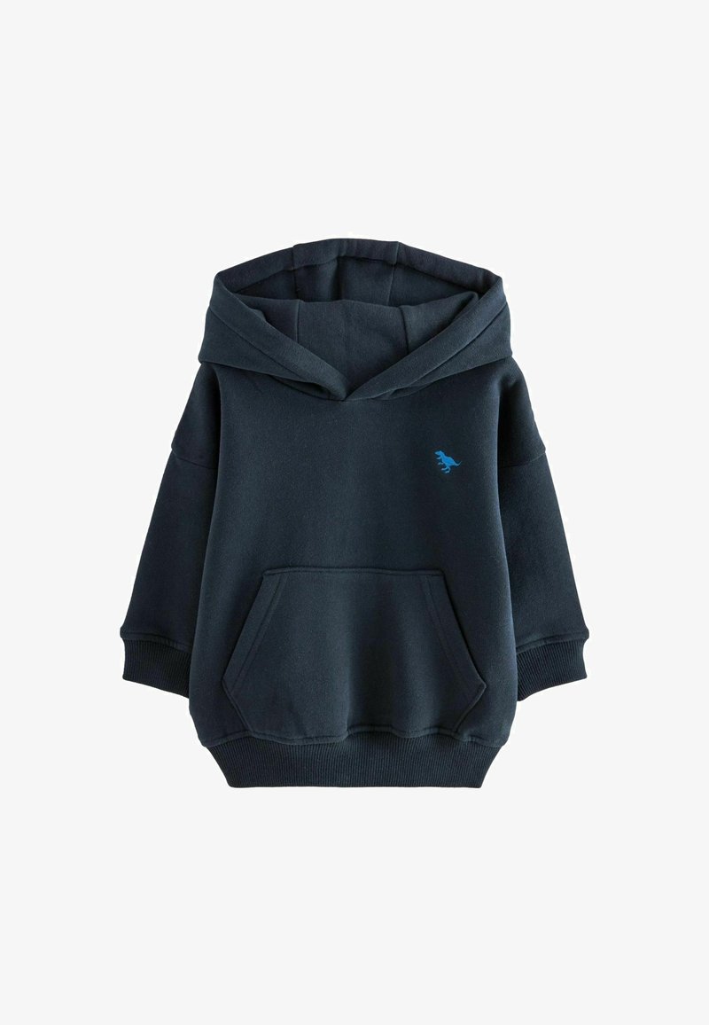 Felpa con cappuccio blu navy realizzata in tessuto morbido, dotata di una tasca frontale e di una piccola grafica blu sul petto.