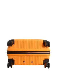 Hard-shell suitcase in bright orange, featuring a ribbed texture, black accents, and four wheels for mobility. Zipper closure along the side.