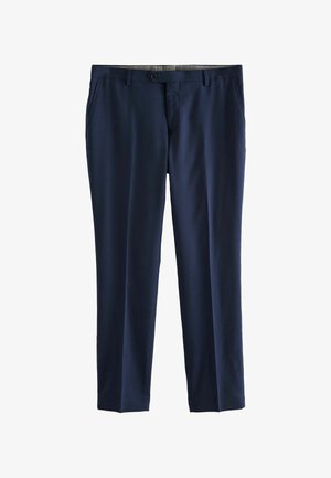 Sötétkék nadrág sima textúrával, egyenes szárú kialakítással, övhurkokkal és gombos záródással. Oldalsó zsebekkel és letisztult kivitelezéssel rendelkezik.