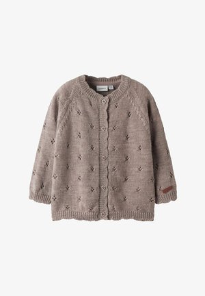 Sivi pletivo za bebe s malim ušicama, okrugli izrez, zatvaranje na gumbe te rebrasti manšeti i donji rub.