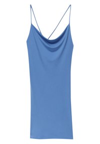 Robe nuisette bleu sans manches avec un décolleté drapé et de fines bretelles croisées, présentée sur un fond blanc.