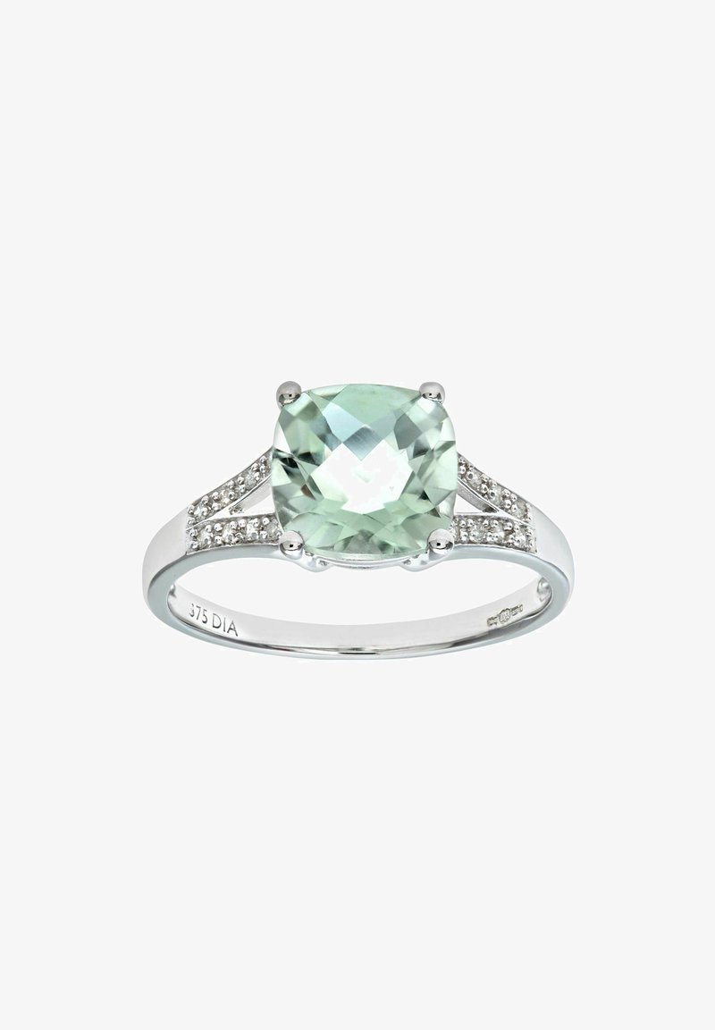 Sølv ring med en stor, puderformet grøn sten, accentueret af små klare sten på båndet for yderligere detaljer. Markeret "375 DIA."