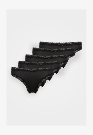 Penki juodi apatiniai su nėrinių apdaila ir mažais kaspinais ant juosmens, pagaminti iš minkštos medžiagos, klasikinio kelnaičių dizaino.