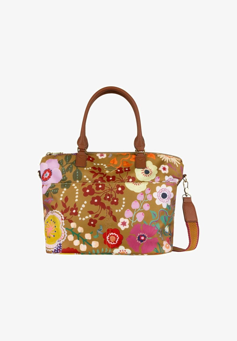 Bruine handtas met kleurrijke bloemenpatronen, twee korte handgrepen en een afneembare schouderband met een geweven ontwerp.