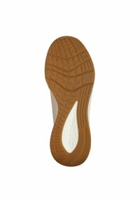 Suela de zapato de goma con un diseño texturizado y en patrón. Predominantemente marrón con acentos en blanco. Presenta estrías para mayor tracción.