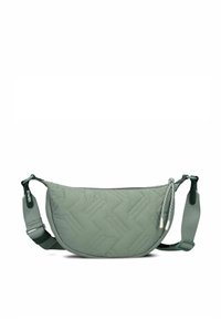 Borsa a spalla imbottita verde con texture trapuntata, caratterizzata da cuciture a zigzag, chiusura con zip e tracolla regolabile.