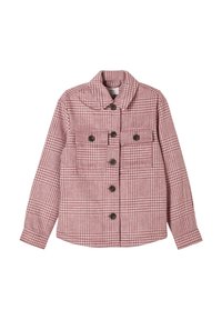 Rødternet skjorte med knapper og krave, to brystlommer og brune knapper, med en blød vævet tekstur.