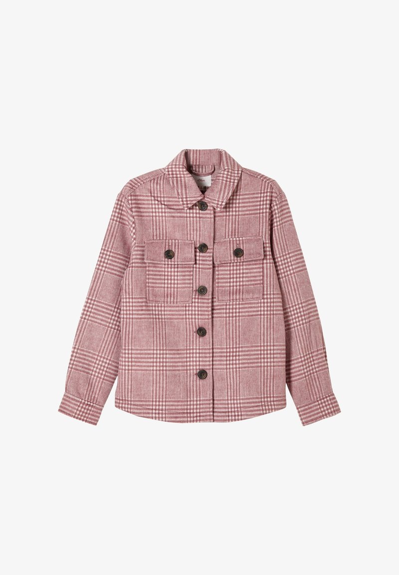 Czerwona koszula w kratę z guzikami, z kołnierzem, dwiema kieszeniami na piersi i brązowymi guzikami, charakteryzująca się miękką, tkanej teksturze.