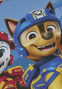 Charakter mit braunem Fell, der einen blauen Helm mit einem Pfotenabdruck und eine blaue Uniform trägt und lächelt. Ein weißer Hund mit einem roten Helm ist teilweise sichtbar.