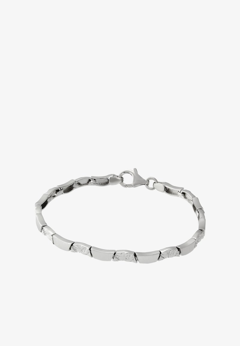 Bracelet en métal argenté avec des maillons alternant brossé et poli, doté d'un fermoir et d'un design sans couture.