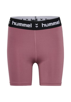 Shorts de sport roses avec une taille élastique noire arborant la marque "hummel", fabriqués en matériau lisse et extensible, longueur mi-cuisse.