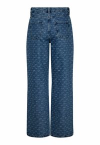 Blaue weit geschnittene Jeans aus Denim, mit einem dezenten Allover-Muster, Fünf-Taschen-Design und verstärkten Nähten am Saum.
