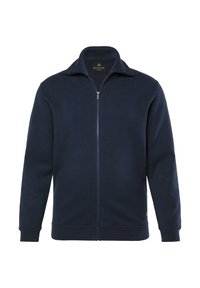Felpa con zip blu navy in tessuto a maglia, con collo alto e polsini e orlo a costine, con un'etichetta del logo sul lato inferiore.