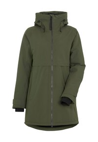 Groene lange jas met een rits aan de voorkant, verstelbare capuchon en twee zijzakken; heeft zwarte binnenmanchetten voor extra warmte.
