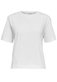 T-shirt blanc uni en coton à manches courtes, avec un col rond et une coupe décontractée, présenté sur un fond blanc uni.