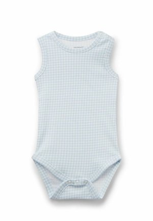 Ärmelloser Babybody in Hellblau und Weiß kariert mit Druckknöpfen im Schritt und an der Schulter.