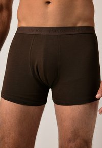 Boxers en coton marron avec une texture lisse, dotés d'une large ceinture gaufrée. Le design comprend une coupe ajustée et aucun motif visible.