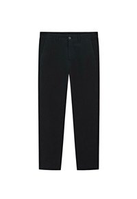 Schwarze Hose mit geradem Schnitt, glatter Stofftextur, Seitentaschen und einem einzelnen Knopf vorne. Einfaches, klassisches Design ohne Muster.